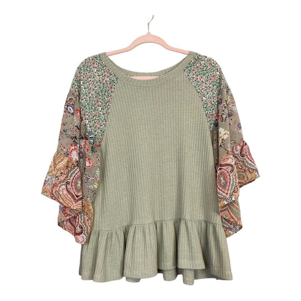 Umgee Oversized Waffle Knit Ruffle Peplum Hem Paisley Floral Flare Sleeve Top S